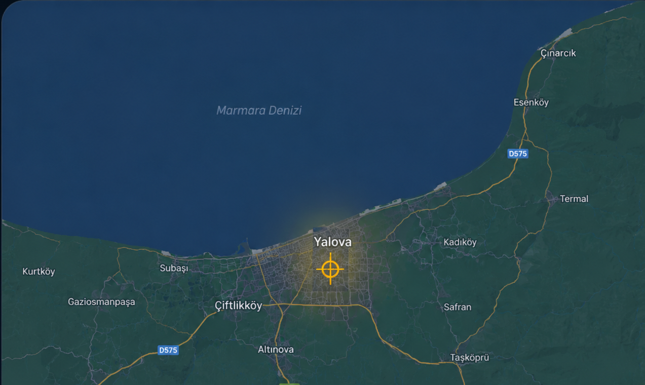 Yalova Merkez, Çiftlikköy, Çınarcık ve Termal çilingir hizmet bölgesi haritası